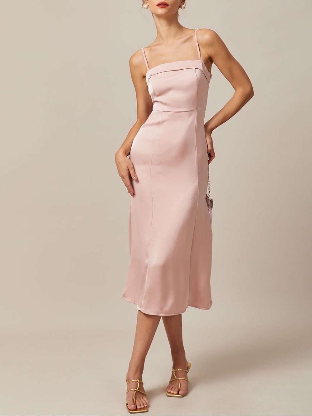 NWT The Pink Bodycon Satin Cami Midi Dress Wedding Guest Invite Edit